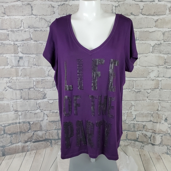 Love & Legend Tops - Plus Size Tee Low Scoop Sequined Purple 2X